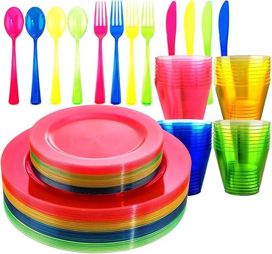 Supernal 216pcs Plastic Dinnerware Set include Rainbow Disposable Plates for Party Heavy Duty,Colorful Disposable Cups,Plastic Silveware in Neon Pink,Blue,Green,Yellow, Pefect for Birthdays
