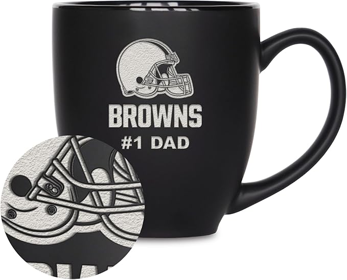 Rico Industries NFL Football #1 Dad 15oz Laser Engraved Matte Black Ceramic Bistro Mug - for Hot or Cold Drinks