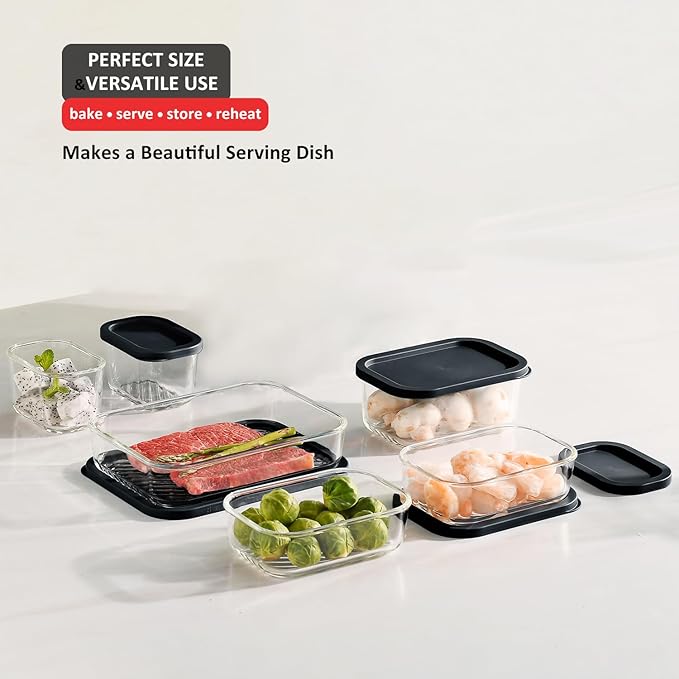 EATEX 6 Pack Glass Meal Prep Containers with Grooved Base, 6 Stackable BPA Free Glass Storage Containers with Lids for Lunch, Pantry, and Kitchen - Microwave, Dishwasher Freezer & Oven Safe - Black