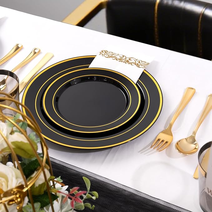 Supernal 800PCS Black and Gold Disposable Dinnerware Set Include 100 Dinner Plates&100 Dessert Plates,100 Knives,200Forks,100Spoons,100Cups,100Napkins for Party&Birthday