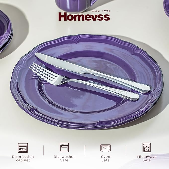 20pc Dinnerware Set, Plate and Bowl Set, Stoneware Dishes Set for 4, Microwave and Dishwahser Safe, Scratch Resistant, French Countryside Speckled Antique Purple