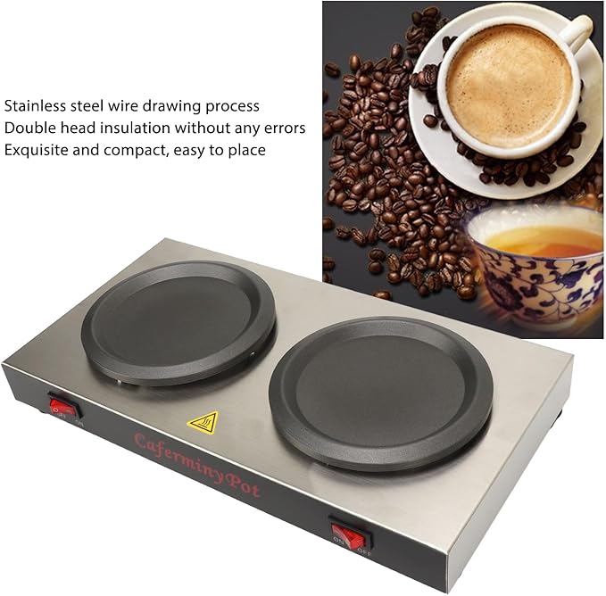 Double Coffee Warmer, Stainless Steel 160 w Portable Double Hot Plate Warmer Commercial Coffee Pot Standard Decanter Warmer, for Coffee Shops (US Plug 110V)