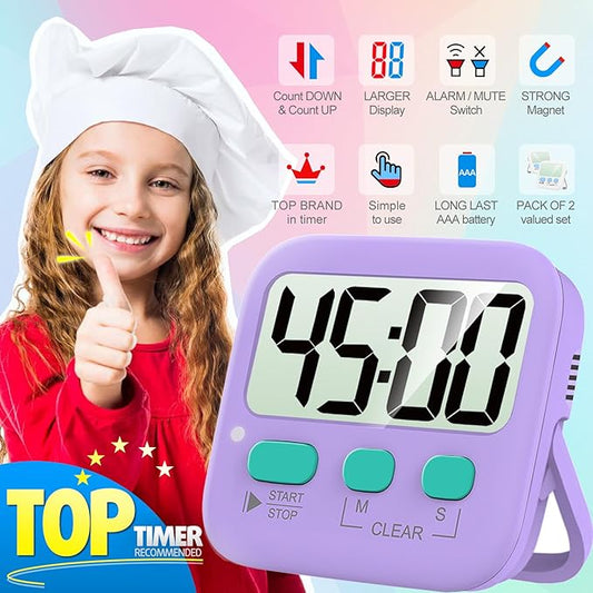 Antonki 2 Pack Digital Timer for Kids, Magnetic Countdown Kitchen Timers for Cooking, Egg, Classroom, Teacher, Exercise, Study, Oven - Battery Included