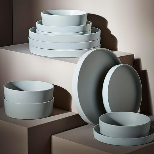 Stone by Mercer Project MODAN 24-Piece Stoneware Dinnerware Set, Plates and Bowls Sets, Dish Set for 8, Blue-Grey