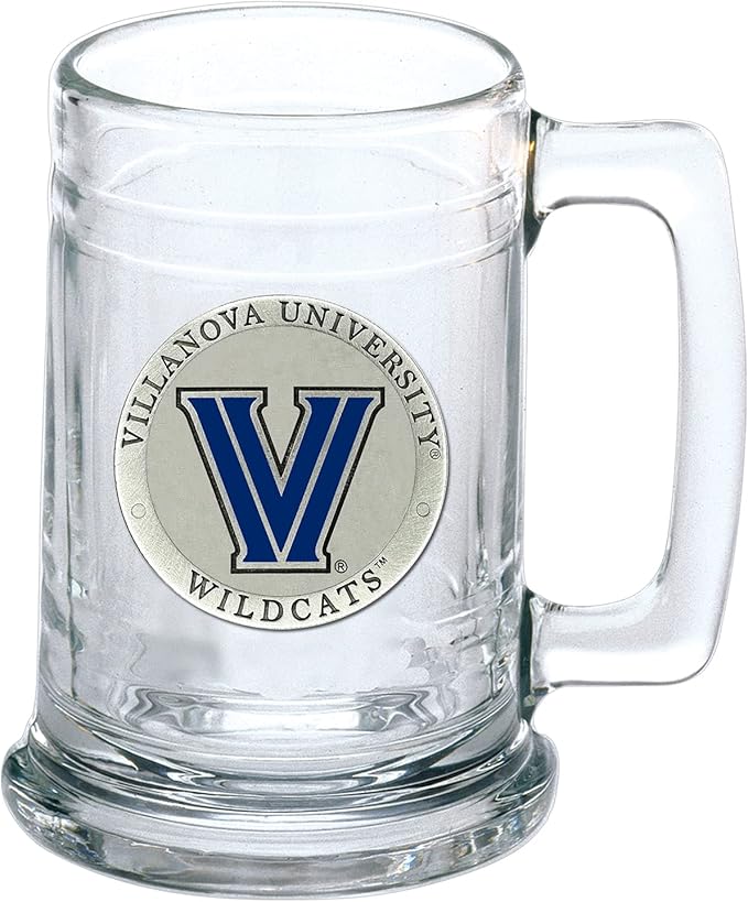 Heritage Pewter Villanova Beer Stein Glass | 15 Ounce German-Style Beer Glass | Intricately Crafted Metal Pewter Alma Mater Inlay
