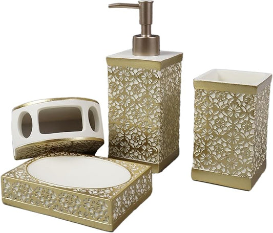 Hymmah Gold Bathroom Accessories Set,Farmhouse Bathroom Decor,4 Pcs Resin Gift Set Apartment Necessities, Contain Cotton Swab Jar,Soap Dispenser,Tumbler，Soap Dish/Tray