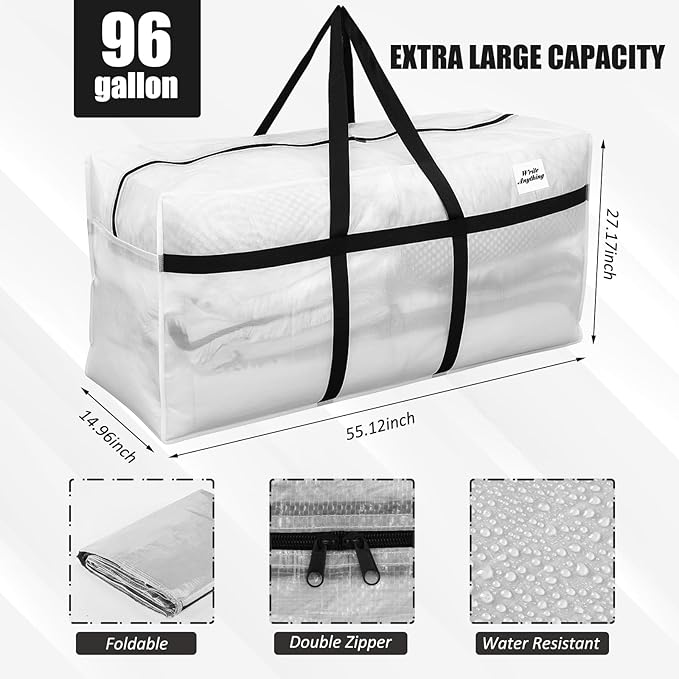 4 Pcs 96 Gallon Large Moving Bags with Zipper and Handles Foldable Storage Duffle Bags Heavy Duty Extra Large Totes for College Dorm Travel Clothes Blankets Bedding Moving (Clear)