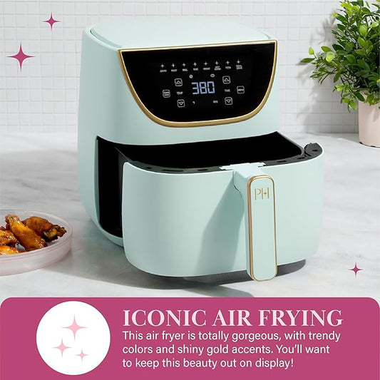 Paris Hilton Air Fryer, Large 6-Quart Capacity, Nonstick Made without PFAS, Touchscreen Display, 8-in-1 (Air Fry, Roast, Broil, Bake, Reheat, Keep Warm, Pizza, Dehydrate), Dishwasher Safe, Aqua