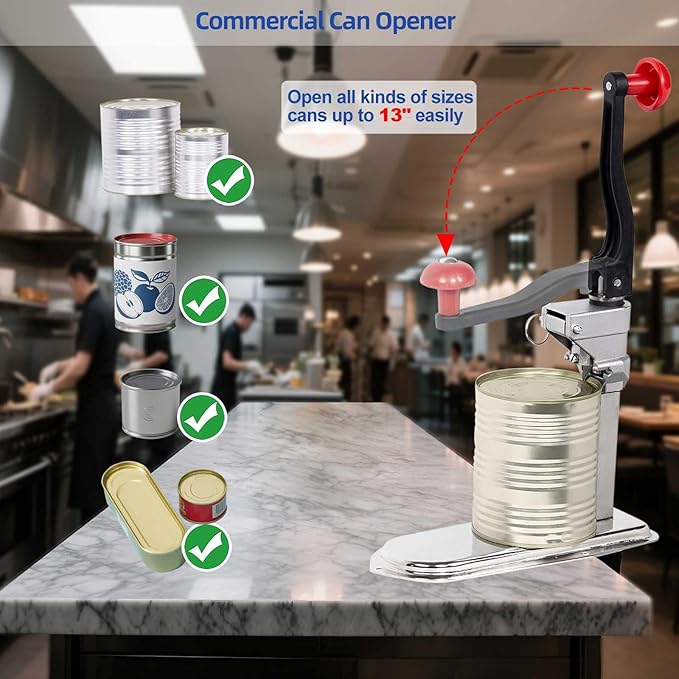 Commercial Can Opener Heavy Duty for 11100, Industrial Can Opener for 6-8 cans per minute, Manual Opener with a stainless steel base and a food-grade stainless steel blade for Cans Up to 13” Tall