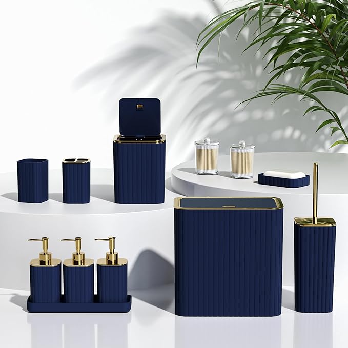 Bathroom Accessory Set - Bathroom Set, 12PC Bathroom Accessories Set, Navy Blue Bathroom Accessories Set, Mini Trash Can, Toilet Brush, Trash Can & Soap Dispenser