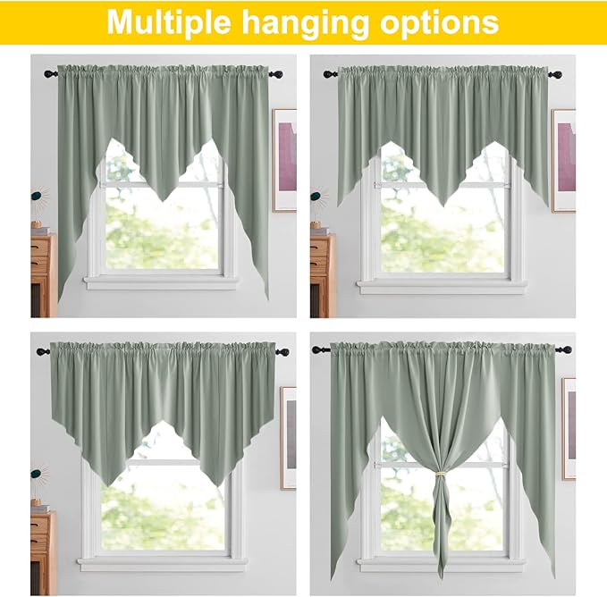 NICETOWN Kitchen Valances for Window, Farmhouse Rustic Room Darkening Swag Curtains for Living Room Rod Pocket Soft Short Curtains for Bedroom Decor, 1 Piar, 36" x 36" x 18" per Panel, Greyish Green