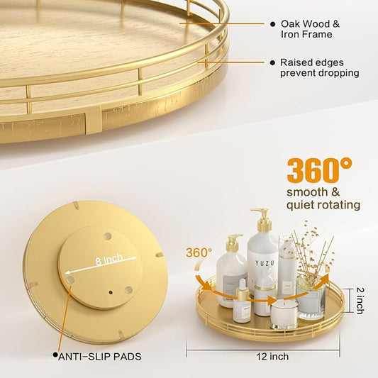 12" Gold Lazy Susan for Table Top, Oak Wood Lazy Susan Turntable Organizer for Dining Coffee Table Centerpiece Bar Decor Kitchen Countertop Bathroom Vanity Decorative Tray for Perfume Jewelry Round