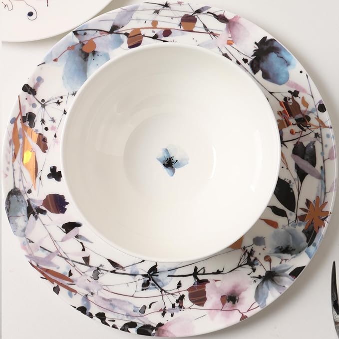 KOKEN Blue Dragonfly Ceramic Dinnerware Set - 4 Piece Plates and Bowls, Microwave Safe