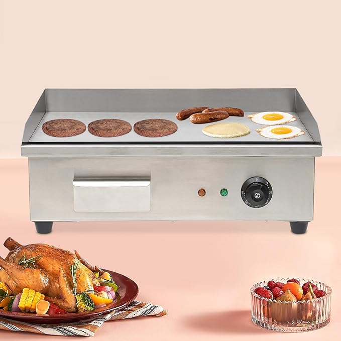 Electric Countertop Griddle Commercial BBQ Grill, Stainless Steel BBQ Flat Top Grill Hot Plate Countertop Electric Stove with Adjustable Thermostatic Control for Steak Kitchen (3KW Style B)