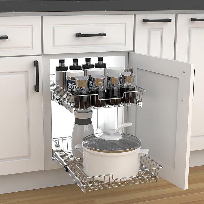 2 Tier Individual Pull Out Cabinet Organizer 14"W x 21" D, Cabinet Pull Out Shelves Slide Out Kitchen Storage Sliding Shelves for Cabinet-Organization in Kitchen, Chrome