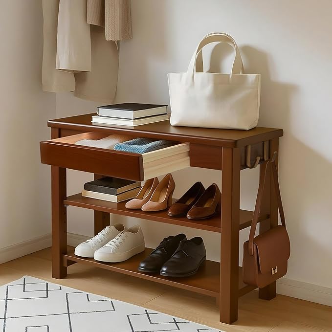 Shoe Storage Bench Wood Entryway: Shoe Rack Bench with Drawer 3-Tiers Height Adjustable,Rustic Wooden Organizer for Front Door Entrance Hallway Living Room,Mudrooms (Walnut 2-Tiers, 31.5")