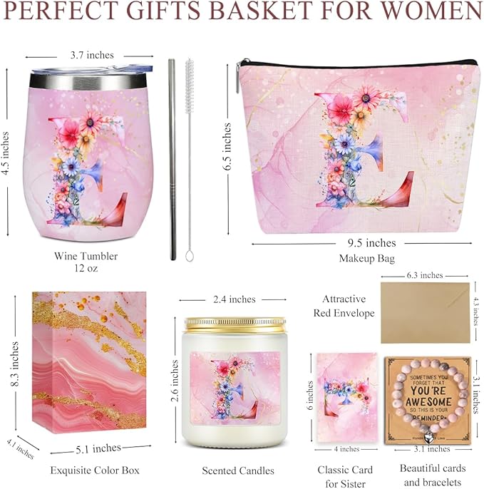Personalized Gifts Monogrammed Birthday Gifts for Women, Daughter Bestie Friendship Christmas Halloween Initial Wine Tumbler Makeup Bag Scented Candle Bracelet Set, (Aesthetic Pink Flower E)