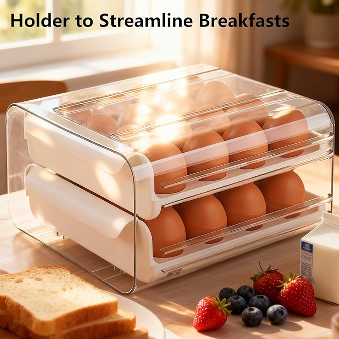 Egg Drawer for Refrigerator 32 Eggs, 2 Tier Clear Stackable Egg Holder with Drawer for Fridge, Drawer Type Egg Storage Box, Egg Tray Countertop (White)