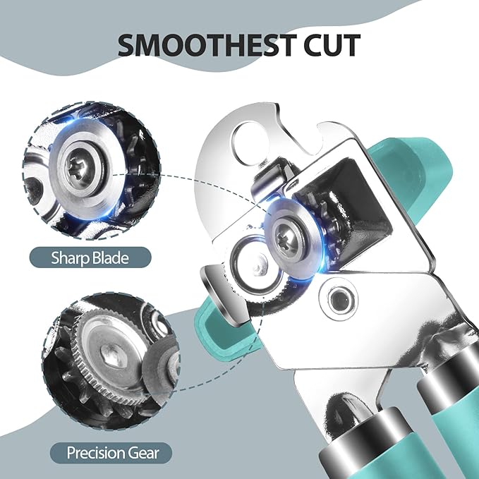 Can Opener Manual, Heavy Duty Handheld Strong Can Opener with Soft Touch Handle, Sharp Blade Smooth Edge, Can Openers with Multifunctional Bottle Opener, Aqua Sky