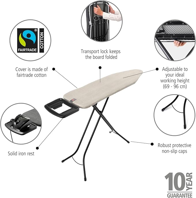 Brabantia - Ironing Board B – Solid Steam Iron Rest – Adjustable Height – Non-Slip Rubber Feet – 100% Fairtrade Cotton Cover with Foam Padding – Foldable – Denim Gray – Size B (49 x 15 in)