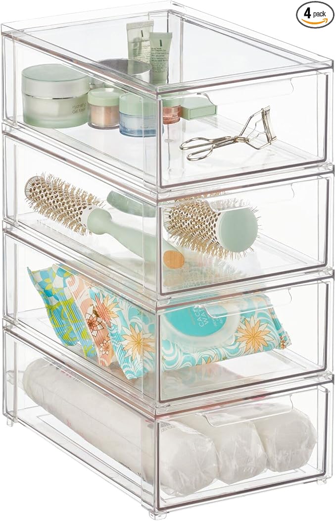 mDesign Plastic Stackable Bathroom Storage Organizer Bin with Pull Out Drawer for Cabinet, Vanity, Shelf, Cupboard, Cabinet, or Closet Organization - Lumiere Collection - 4 Pack - Clear