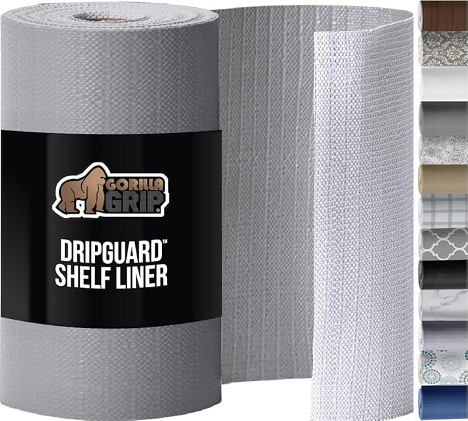 GORILLA GRIP DripGuard Shelf Liner, Non Adhesive Drawer and Kitchen Cabinet Protector, 20x240 Inch, Slip Resistant BPA Free Smooth Surface Plastic Liners for Cabinets, Bathrooms, Closets, Gray