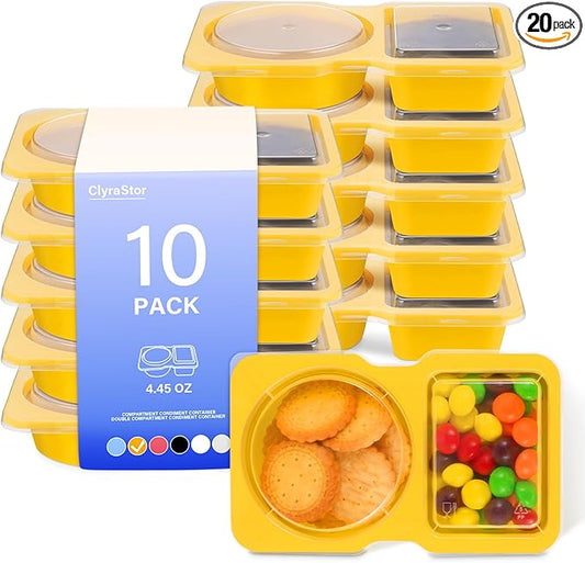 Double Compartment Snack Containers with Lids, 2 Compartment Condiment Container, Plastic Disposable Snack Pack Containers for Sauce, Salad, Food Storage Box(20PCS-Yellow)