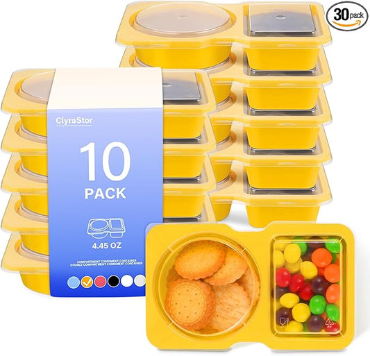 Double Compartment Snack Containers with Lids, 2 Compartment Condiment Container, Plastic Disposable Snack Pack Containers for Sauce, Salad, Food Storage Box(30PCS-Yellow)