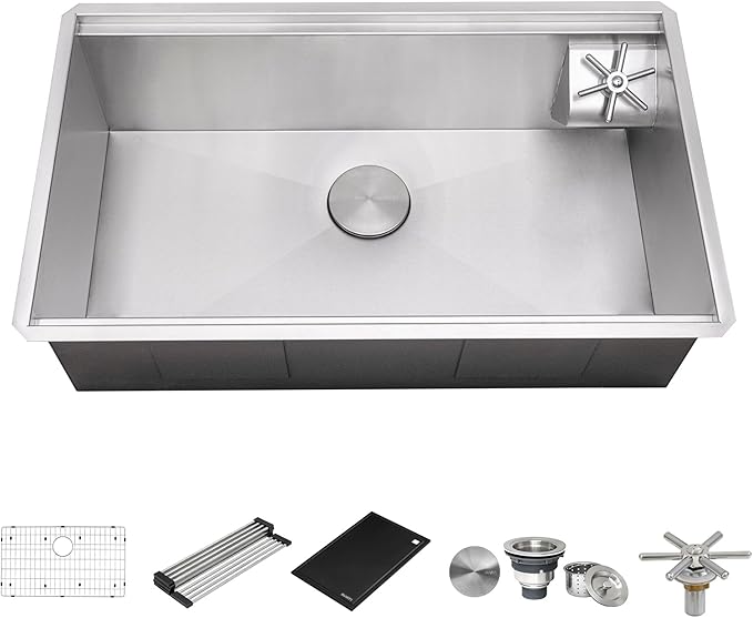 Ruvati 32-inch Undermount 16 Gauge Stainless Steel Kitchen Sink Single Bowl – Glass Rinser Workstation Ledge with Cutting Board, Bottle & Cup Washer, Modern Stainless Finish – RVH8512