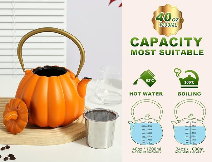 VICSKY Orange Pumpkin Cast Iron Teapot, Natural Pumpkin Color, Japanese Cast Iron Tea Kettle Stovetop Safe with Infuser, Cute Creative Pumpkin Halloween Teapot(40oz/1200ml, Orange)