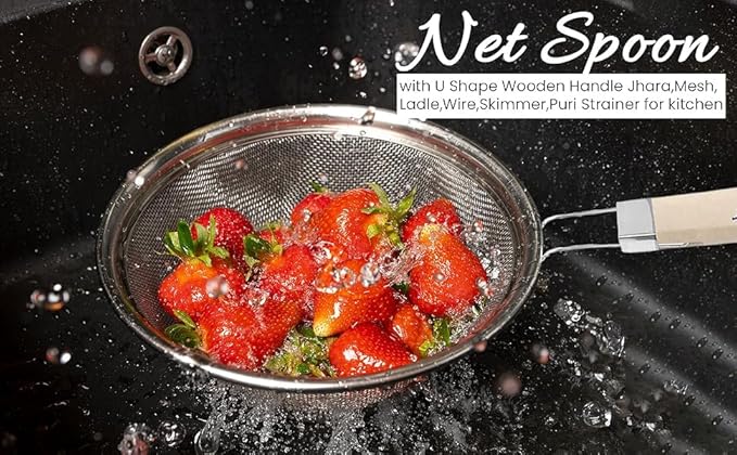 Diameter 14 cm Stainless Steel Deep Fry Net Spoon Oil Strainer for Kitchen - Frying Spoon for Puri & Poori Strainer Kitchen Utensil for Frying, Cooking & Straining Tool Wood Handle