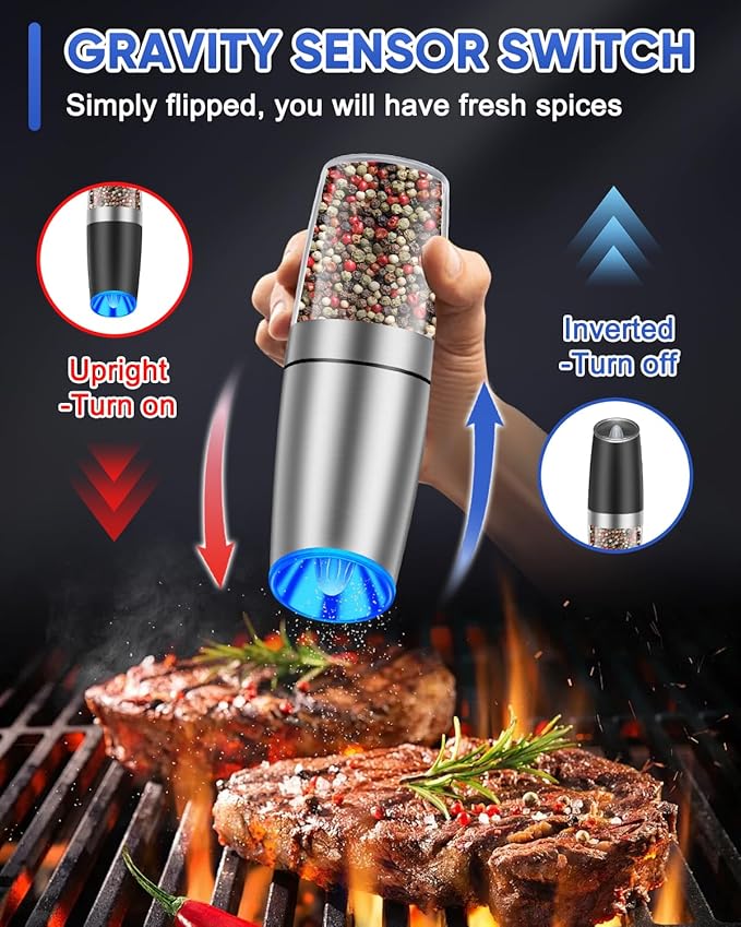 Gravity Electric Pepper and Salt Grinder Set, Adjustable Coarseness, With LED Light, One Hand Automatic Operation, Stainless Steel Black, (2 Pack Silver)