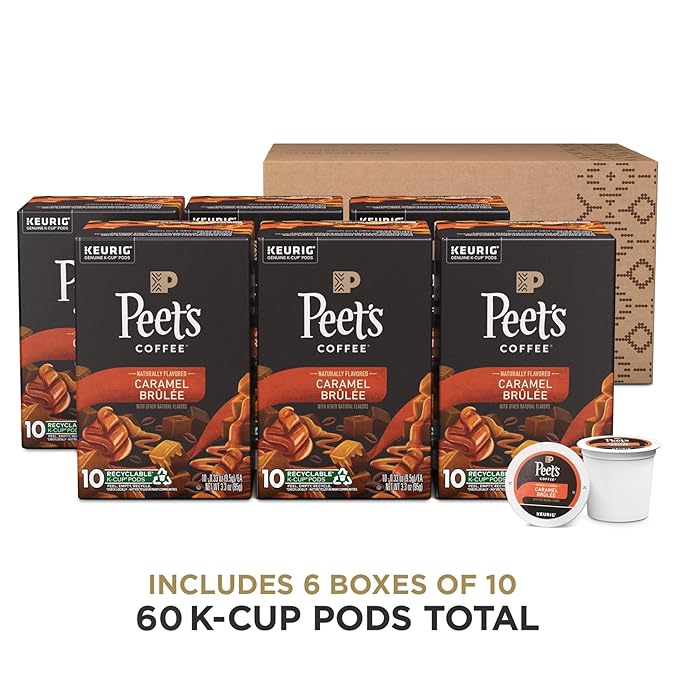 Peet's Coffee, Flavored Light Roast Keurig K-Cup Pods - Caramel Brûlée 60 Count (6 Boxes of 10 K-Cup Pods)