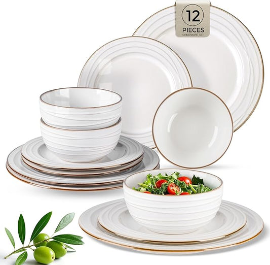 GBHOME Ceramic Dinnerware Sets,12 pcs Embossed Elegant Stoneware Plates and Bowls Sets, Housewarming Wedding Gift | Dishwasher & Microwave Safe | Dishes Set Service for 4
