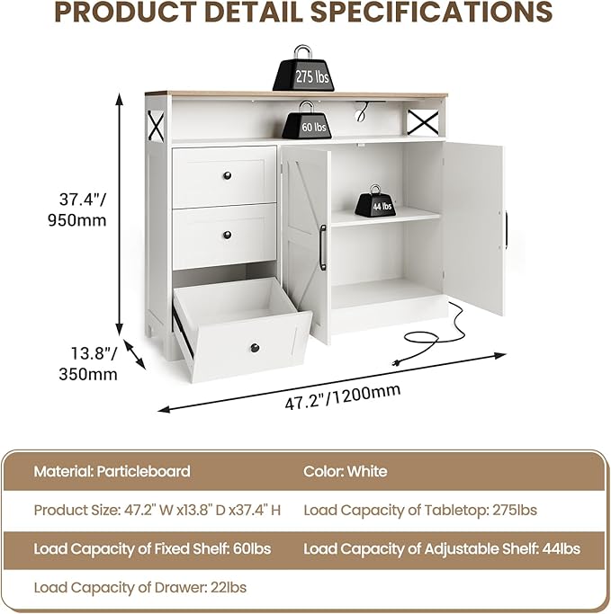 OUTLANE 47In Large Buffet Cabinet, Modern Farmhouse Sideboard with 3 Drawers, Wood Cupboard Storage Pantry Cabinet with 2 Barn Doors&Adjustable Shelf, Storage Cabinet for Living Room, Kitchen, White