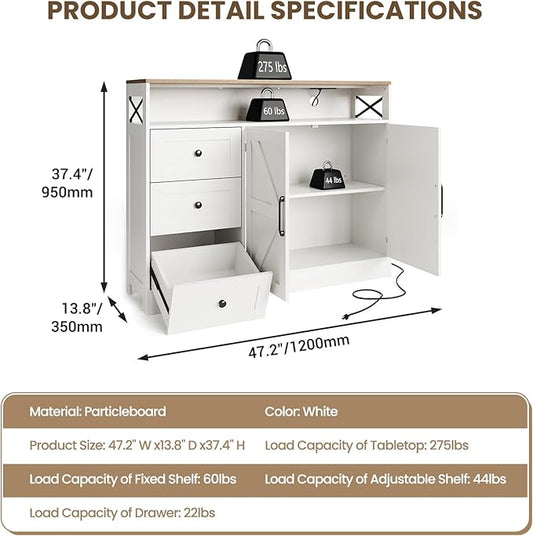OUTLANE 47In Large Buffet Cabinet, Modern Farmhouse Sideboard with 3 Drawers, Wood Cupboard Storage Pantry Cabinet with 2 Barn Doors&Adjustable Shelf, Storage Cabinet for Living Room, Kitchen, White