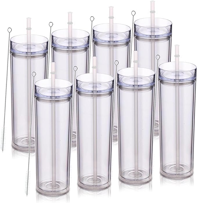 Volhoply 20oz Tumbler with Lid and Straw 8 Pack,Double Wall Plastic Skinny Tumblers Bulk,Reusable Travel Cute Coffee Mug,BPA Free Matte Acrylic Water Cups With Straw for Party,DIY Gifts(Clear,8 Set)