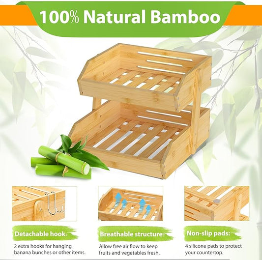 Bamboo Fruit Basket for Kitchen–2 Tier Fruit Bowl For Kitchen Counter, Large Fruit Holder With 2 Banana Hangers, Idea For Fruit and Vegetable Storage, Bread Basket, Snack Organizer(BAMBOO)