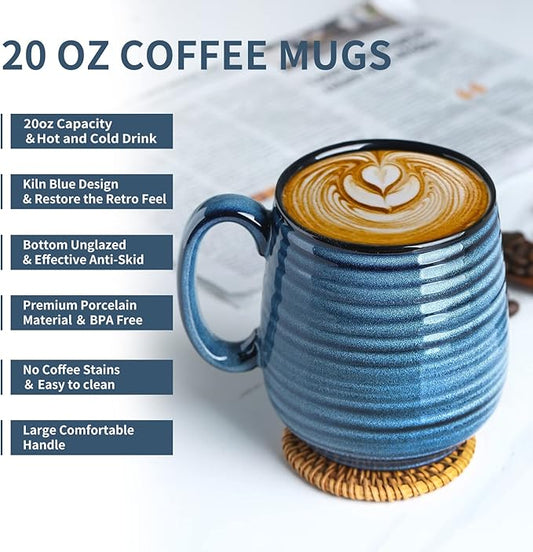 HASENSE Coffee Mug, 20 oz Ceramic Coffee Cup for Men and Women, Large Coffee Mug for Latte Coffee Tea Soup for Office and Home, Dishwasher and Microwave Safe, 1 PCS (Blue)