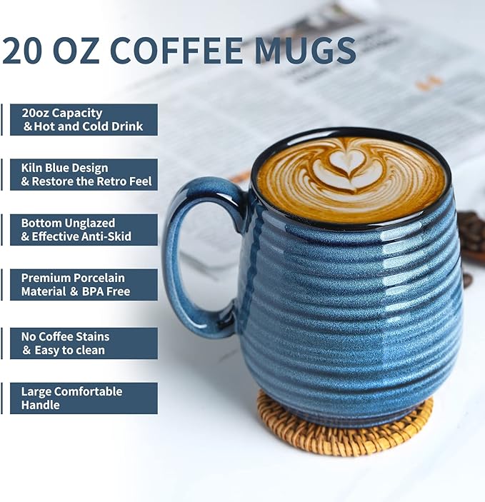 Hasense Large Coffee Mugs Set of 2, Ceramic 20 oz Coffee Cups for Office and Home, Modern Coffee Mug with Big Handle for Latte Coffee Tea Soup as Gifts, Dishwasher & Microwave Safe, Blue and Purple
