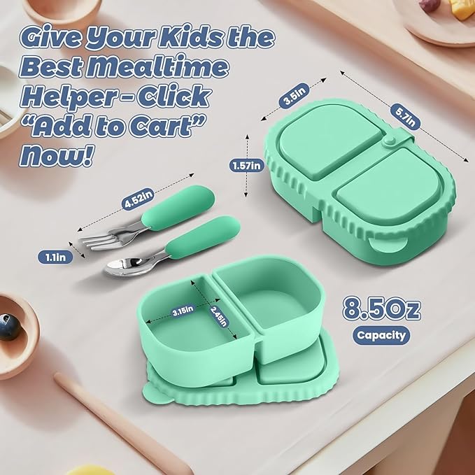 Silicone Snack Containers for Kids (8.5Oz, 2-Compartment)+ Kids Silicone Cutlery Set (Spoon and Fork) - BPA Free, Leak Proof, Great for Toddler/Kid/Adult Meal Prep Containers (green)