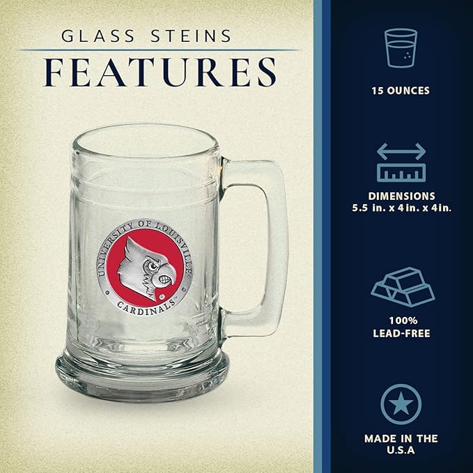 Louisville Beer Stein Glass | 15 Ounce German-Style Beer Glass | Intricately Crafted Metal Pewter Alma Mater Inlay By Heritage Pewter