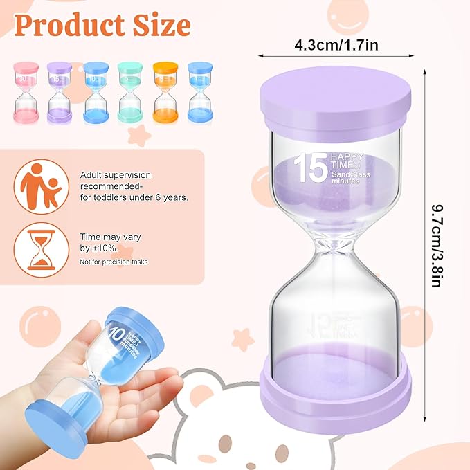 Sand Timer, 6 Colors Hourglass Sand Timers 1/3/5/10/15/30 Minutes Colorful Sandglass Timer Sand Clock Timer for Classroom Games Home Office Decor Cooking with Protective Cover, 6 Pack