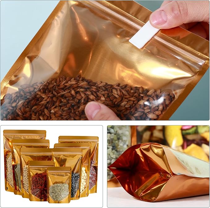 150-pack 7” x 10” 1 Quart Stand Up Mylar Bags with Clear Window Resealable Foil Pouches for Food Storage Smell Proof Edible Packaging Zip Bag for Jewelry and Small Business Bulk, Golden