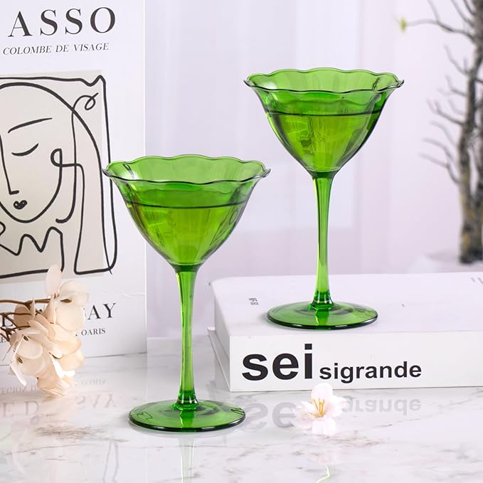 KAMMAK Martini Glasses Set of 2, 5.75 oz Clear Crystal Cocktail Glasses with Stem, Reusable Cocktail Glassware for Wedding Birthday Party, Bar, Margarita, Whiskey, Gin, Tequila, Green Martini