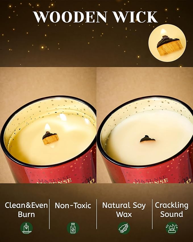 M&SENSE Festival Cheer Christmas Candles, Large Soy Candles for Home Scented, 18oz 100 Hours Natural Clean Slow Burn, Crackling Wooden Wick Aromatherapy Gifts for Women Men, Warm Cozy Winter Decor