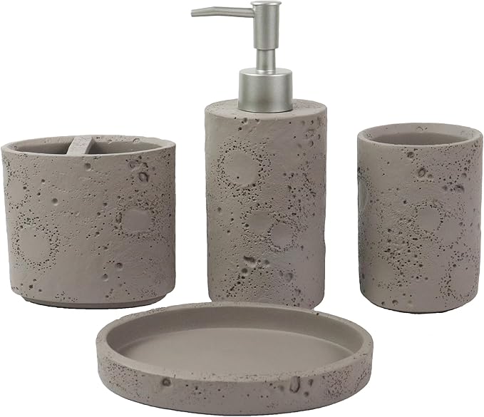 Hymmah Meteorites Bathroom Accessories Set,Farmhouse Bathroom Decor,4 Pcs Resin Gift Set Apartment Necessities, Contain Cotton Swab Jar,Soap Dispenser,Tumbler，Soap Dish/Tray