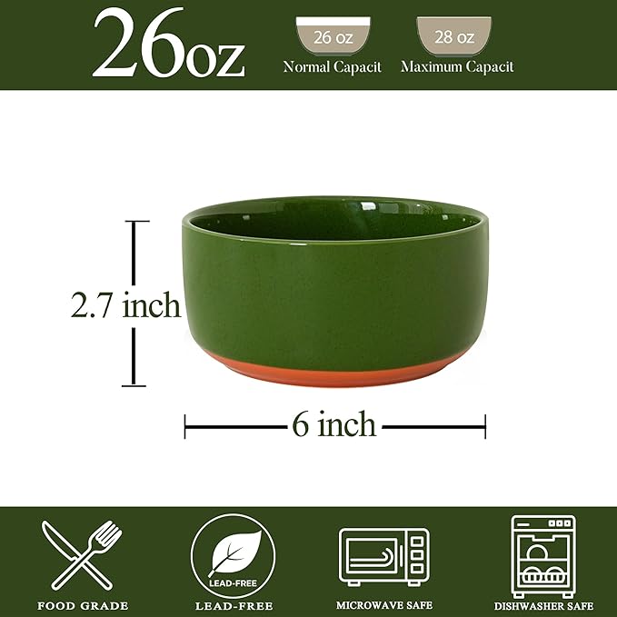 Stoneware Cereal and Soup Bowls Set of 4, 6-Inch Dual Glaze Ceramic Bowls for Breakfast & Oatmeal, Microwave and Dishwasher Safe, Forest Glaze Green