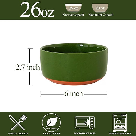 Stoneware Cereal and Soup Bowls Set of 4, 6-Inch Dual Glaze Ceramic Bowls for Breakfast & Oatmeal, Microwave and Dishwasher Safe, Forest Glaze Green