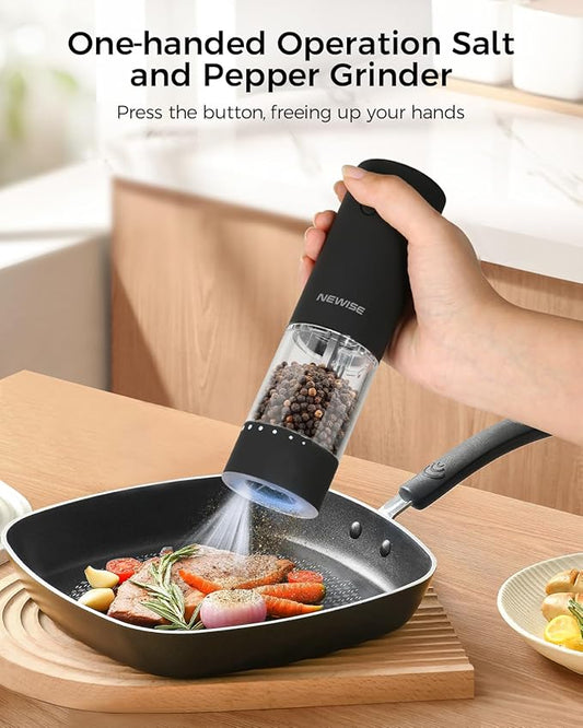 Electric Salt and Pepper Grinder Rechargeable with Light, Electric Salt and Pepper Shakers, Automatic & Adjustable Coarseness, Kitchen Gadgets, Black